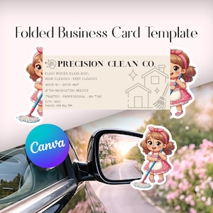 Peut inclure: Modèle de carte de visite pliée avec le texte "Folded Business Card Template" en haut. La carte présente le logo de "PRECISION CLEAN CO." et comprend une liste de services. Des images de dessins animés décoratifs d'une fille avec une serpillière sont incluses.