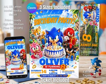 Invito a tema Sonic, festa di compleanno per bambini a tema videogiochi, biglietto stampabile, invito digitale per dispositivi mobili e download da Canva.