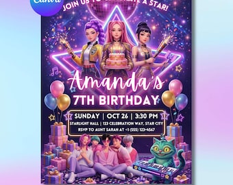 K-pop Demon Hunters Birthday Invitation, Editable Canva Template for Girls Party, Neon Invite with Ticket, Printable Birthday Invite