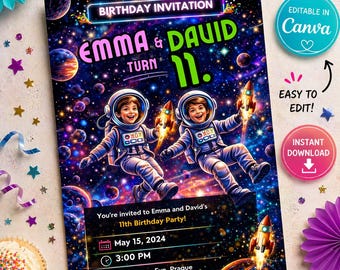Invito di compleanno per gemelli, invito per festa di compleanno congiunta, invito di compleanno per fratelli, modello Canva modificabile, festa a tema spaziale per bambini, stampabile in formato A4