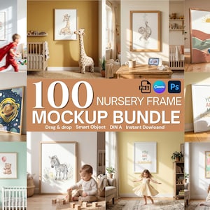 Puede incluir: Una colección de maquetas de arte para guardería enmarcadas. La imagen presenta varias impresiones enmarcadas con ilustraciones de animales, planetas y citas inspiradoras. El texto "100 Nursery Frame Mockup Bundle" se muestra de forma destacada.