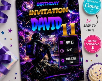Invito di compleanno a tema spaziale, invito per festa a tema astronauti, modello Canva modificabile, invito di compleanno a tema galassia, invito di compleanno per ragazzi, stampabile in formato A4.