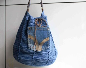 Crochet pattern, crochet bag pattern, upcycled denim drawstring, granny crochet bag pattern 276 Instant Download