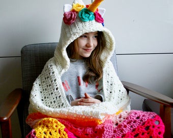 Unicorn hooded blanket crochet pattern, Unicorn amigurumi flowers hooded blanket crochet pattern (271) INSTANT DOWNLOAD