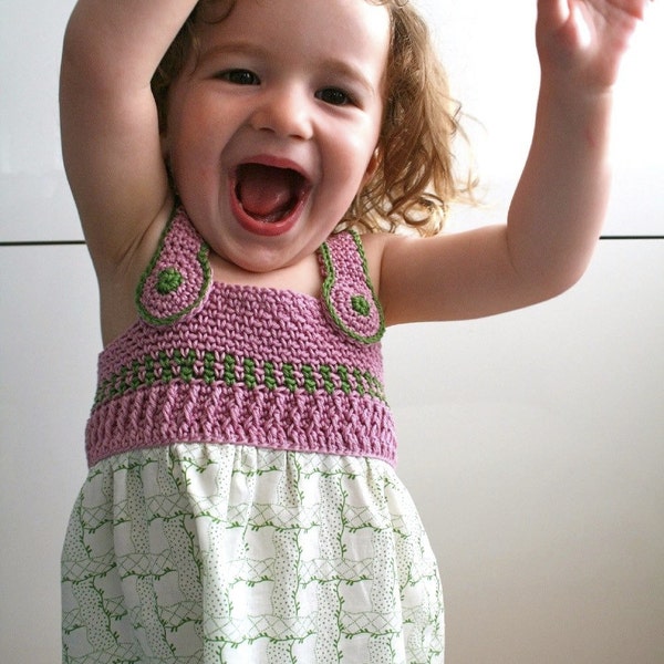 Crochet pattern, vintage inspired crochet and fabric dress, (66) INSTANT DOWNLOAD sizes from baby 3 months to girls 6 years