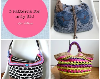 Crochet patterns, 3 crochet purse patterns sale, crochet boho tote patterns, crochet bag patterns, crochet handbag pattern