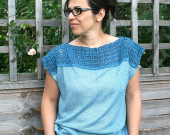 Crochet pattern, Blue wave crochet and fabric T-shirt, women crochet top pattern, Instant download 177
