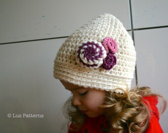 Crochet pattern, crochet baby hat pattern with flowers Vintage baby beanie (97) newborn to adult instant download