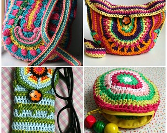 Crochet patterns, 4 crochet purse patterns sale, crochet mandala purse patterns, crochet bag patterns, spring summer purse collection V1