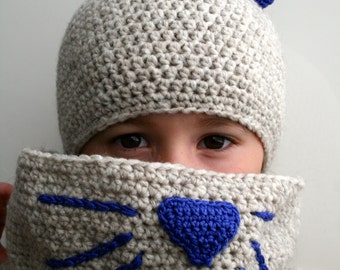 Crochet Pattern, Crochet Cat hat and cowl pattern, crochet baby cat hat pattern (180) Instant Download