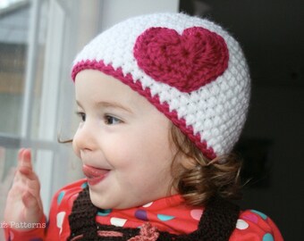Crochet pattern, baby hat pattern with heart crochet appliqué pattern includes 4 sizes from newborn to adult (33)
