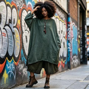 One size oversized linnen tuniekjurk, grote maten tweedelige set met lagenlook, boho artsy losvallende jurk Zen-stijl katoenlinnen kaftan met zakken
