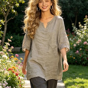 Boho V Neck Linen Blouse for Women, Vintage Print Patchwork Tunic Top, Casual Short Sleeve Summer Shirt, Plus Size Ethnic Style Blouse