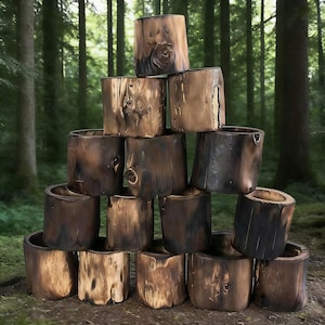 以下が含まれることがあります： 素朴で自然な美しさを持つ、手作りの木製プランターのスタック。 プランターは円筒形で、濃い茶色で焦げたような外観で、木目のパターンが異なります。 背景はぼやけた森のシーンです。