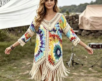 Vibrant Floral Boho Crochet Beach Cover Up - Colorful Tie Dye Tassel Kimono - Hippie Festival Sundress - Summer Bikini Coverup -Loose Fit OS