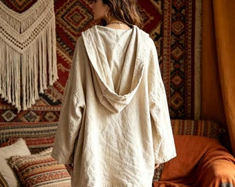 Oversized boho-linnen jas met capuchon - zenstijl damesgewaad - rustieke katoen-linnen bovenkleding - losvallende jas met capuchon - bohotop grote maten