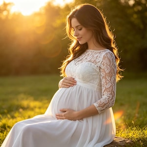 May include: A woman in a white lace and chiffon maternity dress sits outdoors in the sunlight. The dress has a lace bodice and long sleeves. The woman gently holds her pregnant belly. The background is a blurred green field and trees.