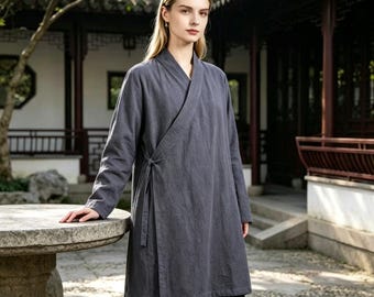 Cardigan cache-cœur zen japonais en lin, veste haori minimaliste nouée sur le côté, tunique artistique Lagenlook, haut de méditation bohème pour femme, peignoir en coton et lin