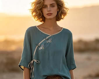Chemisier en coton et lin de style chinois, haut oriental rétro à col en V avec broderie florale, chemise en lin d'inspiration Hanfu, vêtements décontractés de style zen