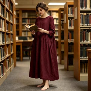 Peut inclure: Une femme porte une robe en lin bordeaux et lit un livre dans une bibliothèque. La robe a un col rond, des manches longues et une jupe ample. La bibliothèque est remplie d'étagères, créant une atmosphère chaleureuse et accueillante.