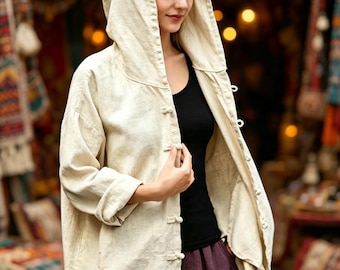 Blusa com capuz Wabi Sabi em algodão rami, jaqueta oversized em mistura de linho, blusa com botões de sapo, modelagem boho folgada.