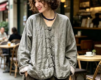Chaqueta china retro hecha a mano con botones de rana, abrigo extragrande de algodón y lino estilo zen, cárdigan boho mori girl, top minimalista tradicional hanfu.