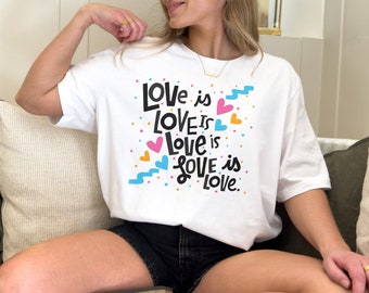 Love is Love Pride LGBTQ+ Illustrated Lettered Unisex Jersey Short Sleeve Tee