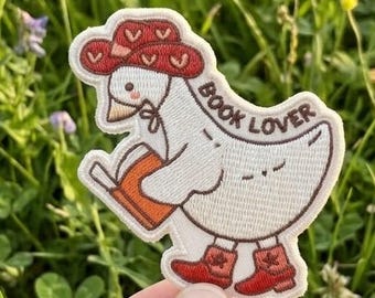 Buchliebhaber Gans Patch, Lese Ente Gestickter Aufnäher, süßes, gemütliches, aufbügelbares Aufnäher für Kleidung oder Bibliothekare, Lehrer, Freunde