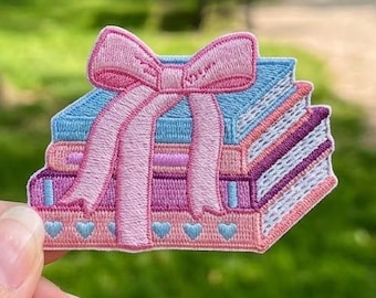 Tied With A Bow Book Stack Patch, Coquette Bookish Lover Embroidered Patches, Wildflower Reader Iron & Sew On Patch for Jacket Backpack Hat