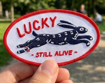 Lucky Rabbit Still Alive Embroidered Patch, Cute Bunny Iron & Sew On Patch, Whimsical Cottagecore Patches for Jacket Tote Backpack Clothes