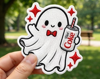 Ghost with Diet Coke Patch, Spooky Cute Embroidered Patch, Kawaii Halloween Iron & Sew On Patches for Jacket Hat Backpack Tote Clothes