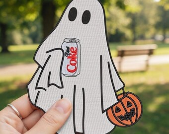Ghost With Diet Coke Patch Embroidered, Spooky Halloween Iron Sew On Patch