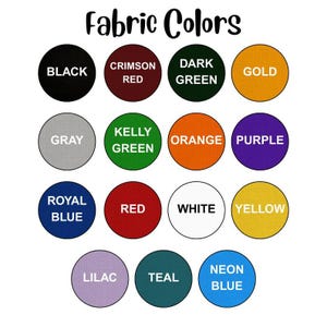 Puede incluir: Una imagen que muestra una carta de colores etiquetada como "Fabric Colors". La carta presenta c&iacute;rculos en varios colores, incluyendo negro, rojo, verde, dorado, gris, naranja, morado, azul, blanco, amarillo, lila y turquesa. Cada c&iacute;rculo tiene un nombre de color.