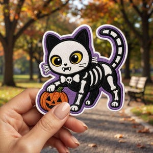 Skeleton Cat  Halloween Embroidered Patch, Spooky Pumpkin Cat Accessory Iron & Sew On