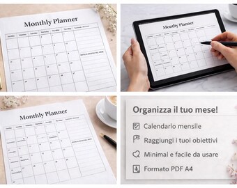 Planificador mensual imprimible en PDF | Planificador mensual imprimible | Planificador mensual con calendario | Planificador minimalista | Descarga digital
