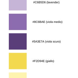 Puede incluir: Un gr&aacute;fico de paleta de colores de marca con cinco muestras de color. Los colores incluyen lavanda, morado medio, morado oscuro, amarillo y amarillo claro. Cada color tiene un c&oacute;digo hexadecimal y un nombre.
