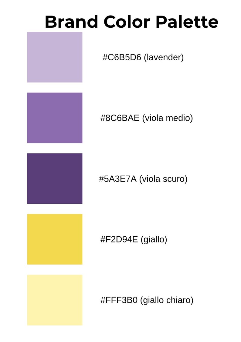 Puede incluir: Un gr&aacute;fico de paleta de colores de marca con cinco muestras de color. Los colores incluyen lavanda, morado medio, morado oscuro, amarillo y amarillo claro. Cada color tiene un c&oacute;digo hexadecimal y un nombre.