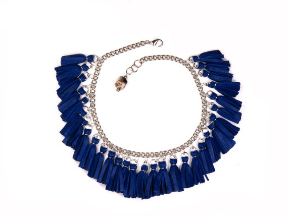 Items similar to ISIS / Blue Genuine Leather Choker Necklace, Tassel ...