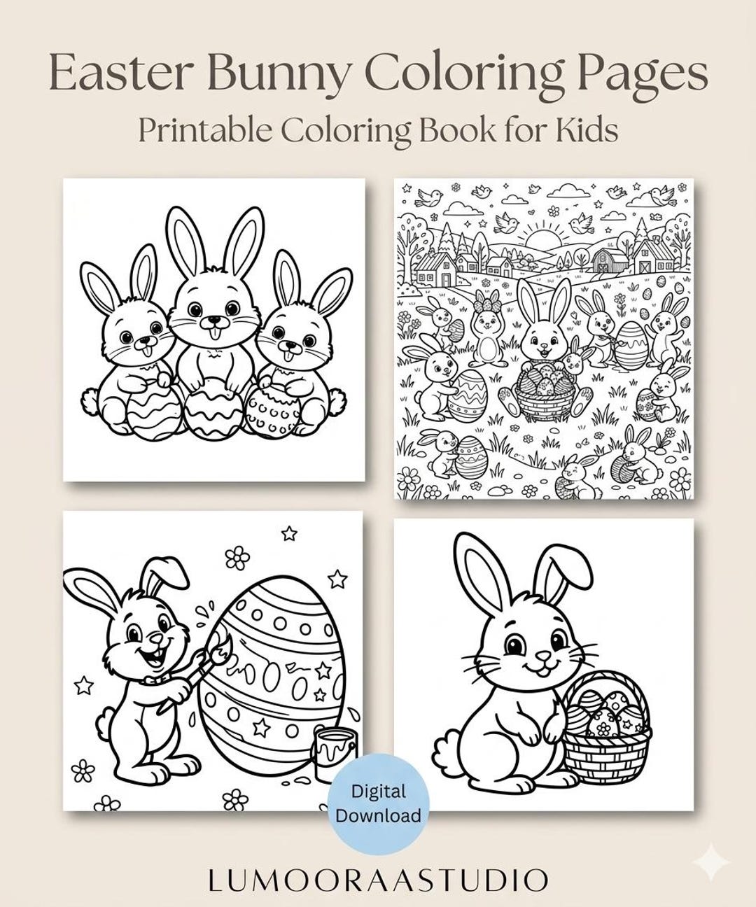 Easter Bunny Coloring Pages, Printable Activity Book for Kids (digital ...
