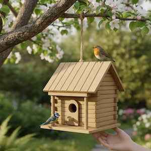 Pode incluir: Uma casa de pássaros de madeira com um telhado inclinado e um buraco de entrada circular está suspensa de um galho de árvore. Um pequeno pássaro azul empoleira-se na casa de pássaros, enquanto um pisco-de-peito-ruivo está sentado no telhado. A casa de pássaros é feita de madeira castanha clara e pendurada por uma corda natural.