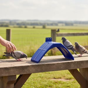 Puede incluir: Un comedero azul en forma de arco se encuentra sobre un banco de madera, con tres palomas cerca. El comedero tiene una parte superior rectangular con tres agujeros y un techo curvo. Las palomas son grises y marrones.