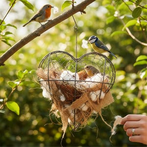 May include: A heart-shaped wire birdcage filled with a nest of cotton and burlap, suspended from a tree branch. Three small birds perch nearby, one on the branch and two on the cage. The birds are a mix of orange, blue, and brown.
