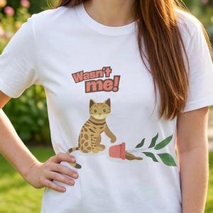 Funny Cat T-Shirt - "Wasn't Me" - Plant Pot Destroyer Design - Heavyweight Cotton Tee