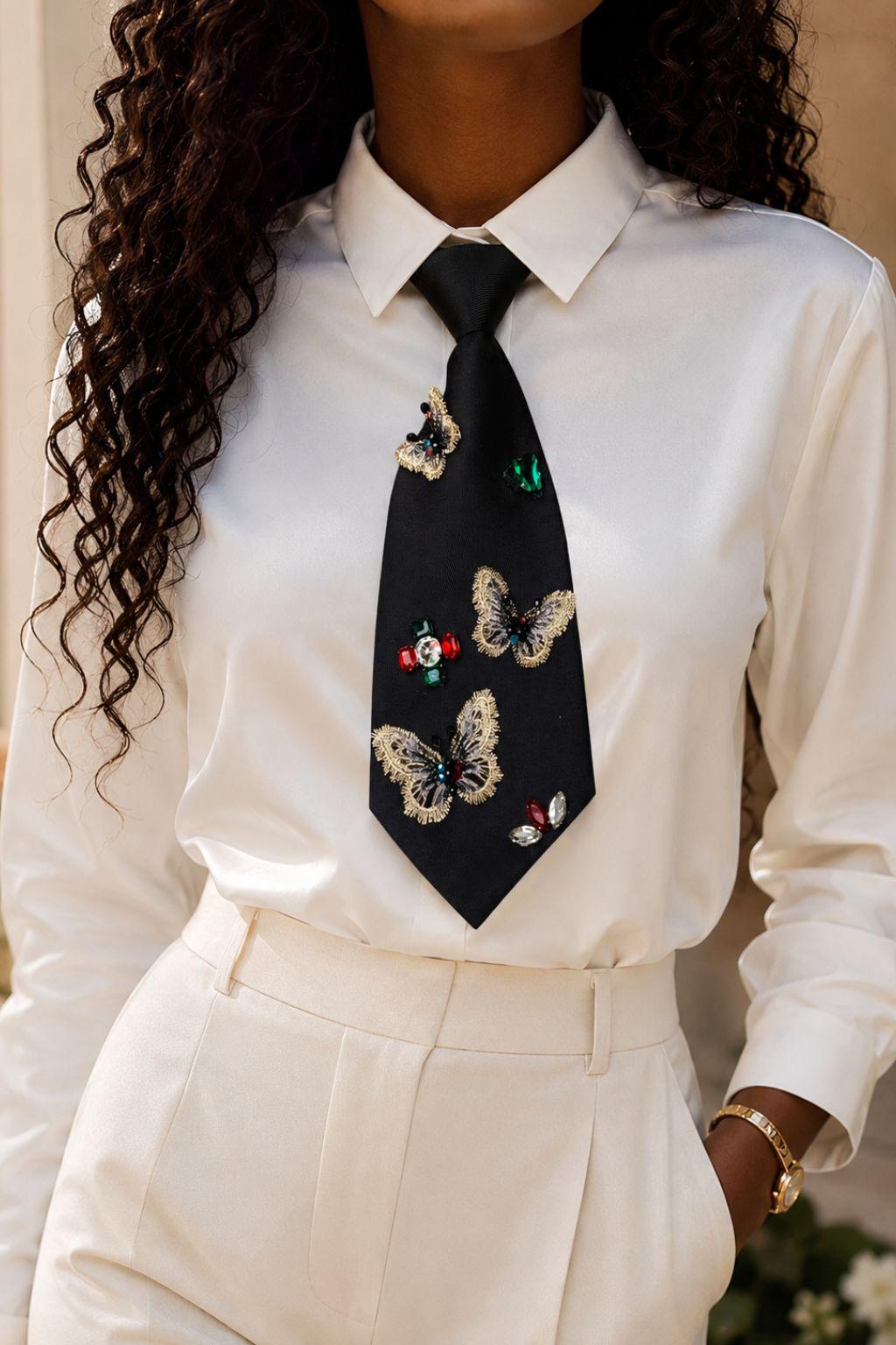 Handmade Pearl & Butterfly Embellished Women's Necktie - Elegant Luxury Statement Accessory, Wedding, Business, Fashion, Graduation, Luxury