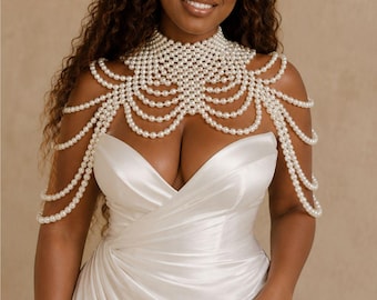 Pearl Body Chain Shoulder Cape Handmade, Avant Garde Spiked Pearl Necklace, Long Drape Pearl Shawl Jewelry, Statement Bridal Pearl Armor Top