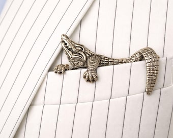Luxury Metal Crocodile Pocket Square Clip, Gold and Silver Color, Italian Designer, Wedding Gifts, Birthday Gift, Unisex, Suit Accessory