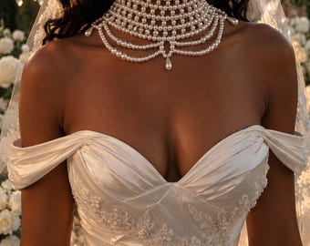 Pearl Shoulder Necklace, Bridal Pearl Body Jewelry, Handmade Wedding Choker, Statement Pearl Collar, Bridal Necklace for Bride, Top Fashion