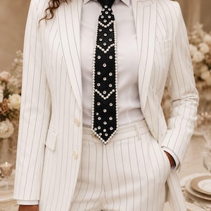 Satin women necktie with Pearl & Crystal Accents - White White Satin Coquette Tie, Lace Pearl Embellished Necktie  main image 3