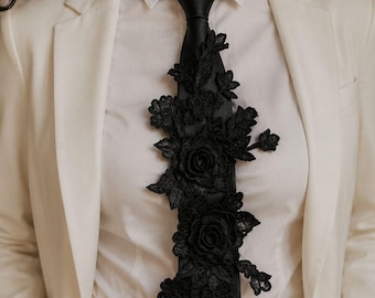 Luxury Black Floral Embroidered Necktie for Women, Handmade, Statement Tie, Gothic Wedding Accessory, Fashion, Unique Tie for Her, Elegant