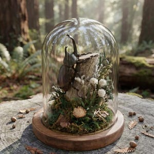 May include: A dark brown rhinoceros beetle specimen is mounted on a small wooden log inside a clear glass dome cloche. The base is made of circular wood, and the interior features green moss, dried white flowers, and small foliage elements.
